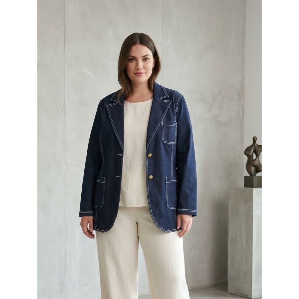 DG2 by Diane Gilman Denim Contrast Stitch Blazer Jacket 1X